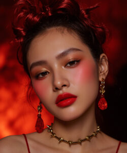 An Asian Woman With Red Hair Red Lipstick Lipstick And Red Jewelry Set Against A Fiery