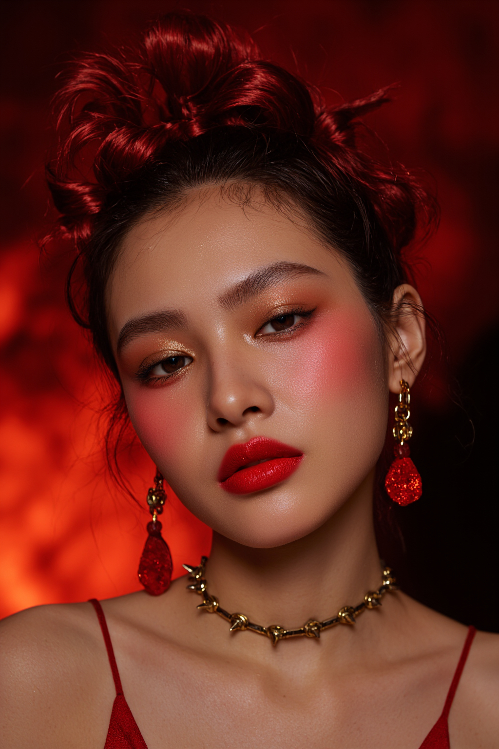 An Asian Woman With Red Hair Red Lipstick Lipstick And Red Jewelry Set Against A Fiery