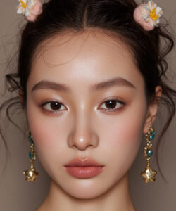 An Asian Woman With Smooth Skin Brown Hair Floral Hair Clips And Star Earrings