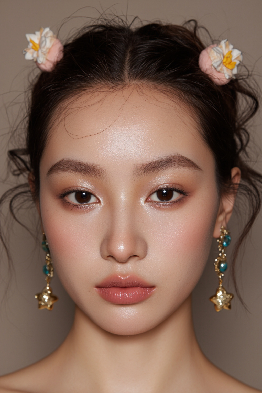 An Asian Woman With Smooth Skin Brown Hair Floral Hair Clips And Star Earrings