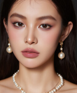 An Asian Woman With Smooth Skin Dark Hair And Subtle Makeup Wearing Pearl Earrings