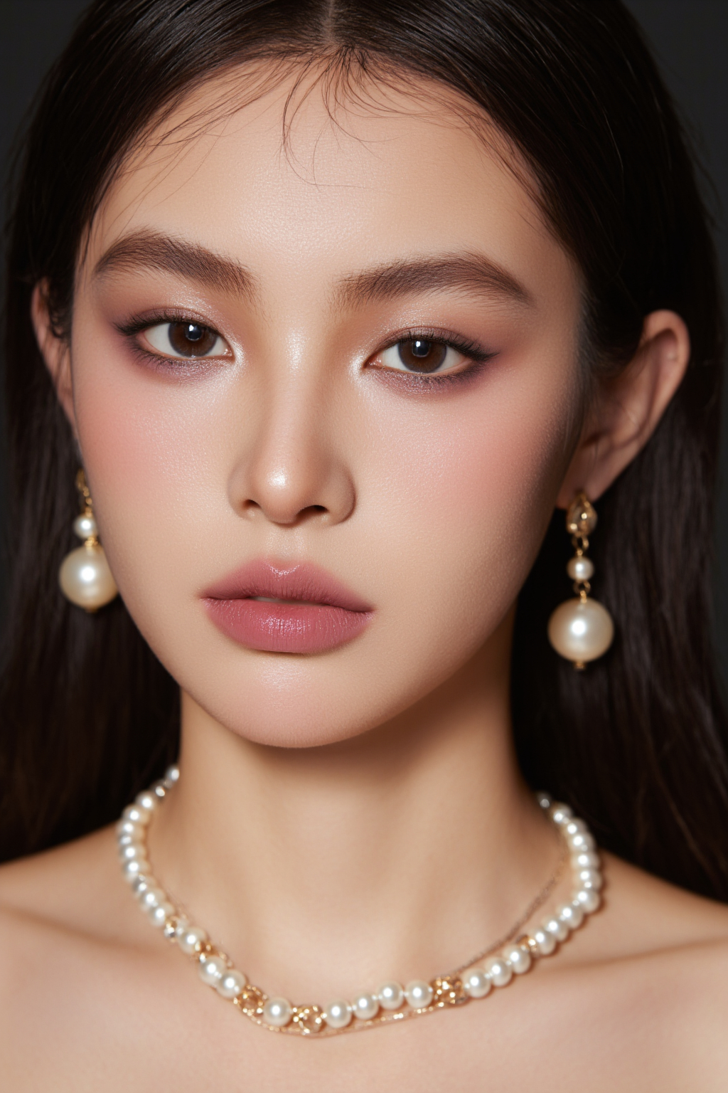 An Asian Woman With Smooth Skin Dark Hair And Subtle Makeup Wearing Pearl Earrings