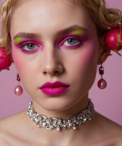 Blonde Woman With Braided Hair Vibrant Pink Pink And Green Eyeshadow Pink Lips Pearl