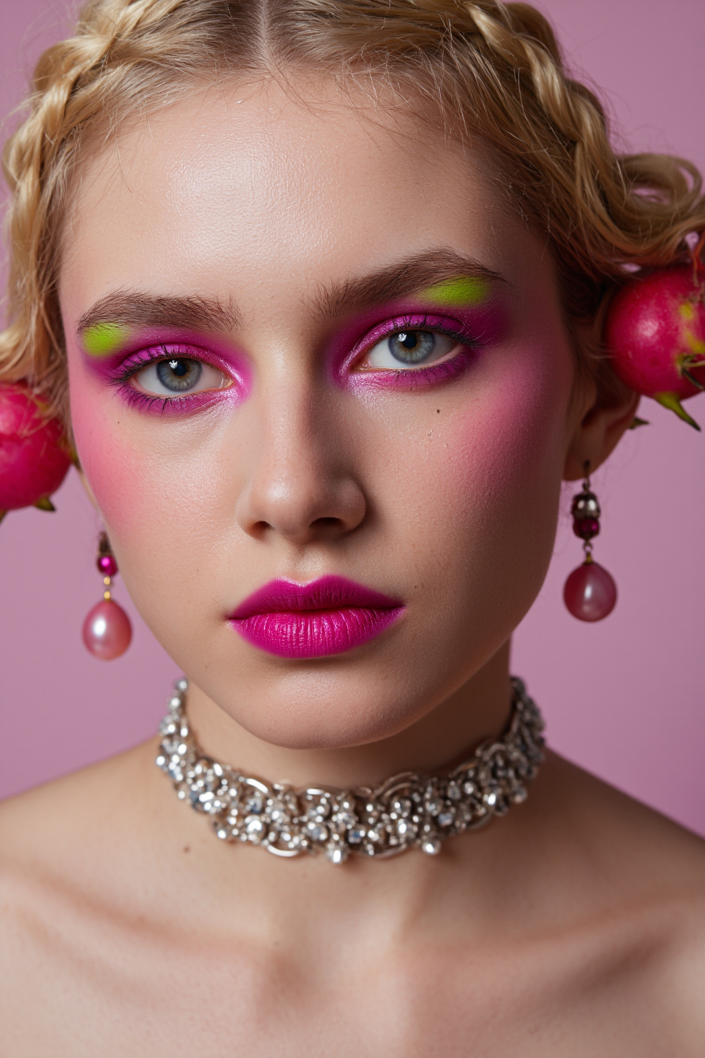 Blonde Woman With Braided Hair Vibrant Pink Pink And Green Eyeshadow Pink Lips Pearl