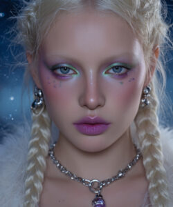 Blonde Woman With Braided Hair Wearing Wearing Colorful Glittery Eye Makeup Silver