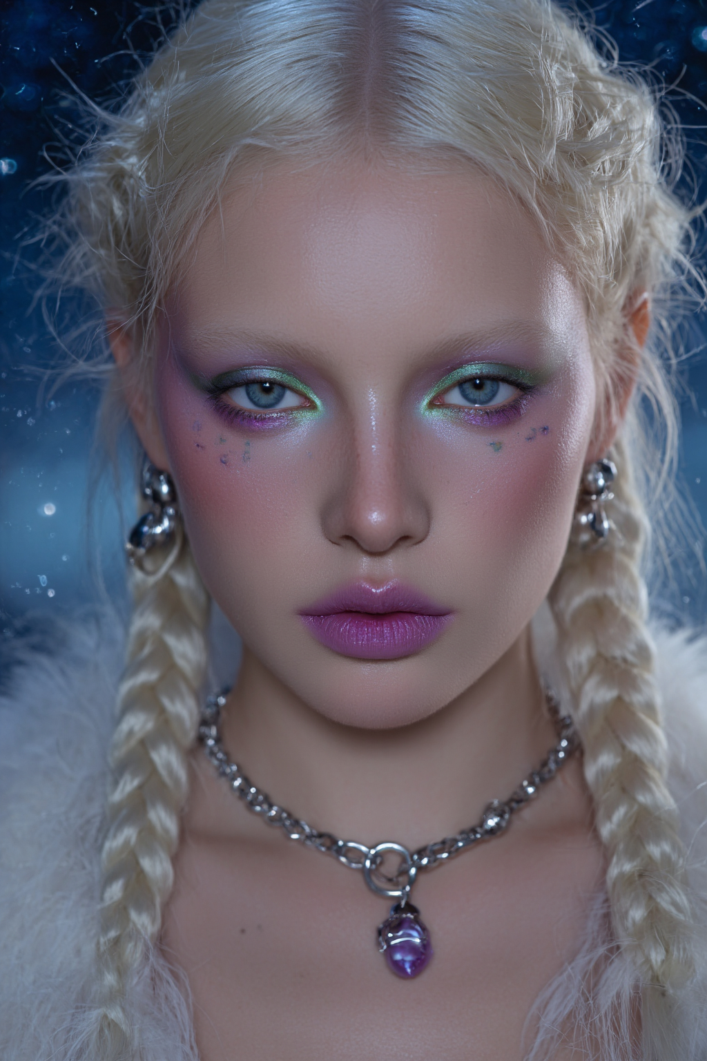 Blonde Woman With Braided Hair Wearing Wearing Colorful Glittery Eye Makeup Silver