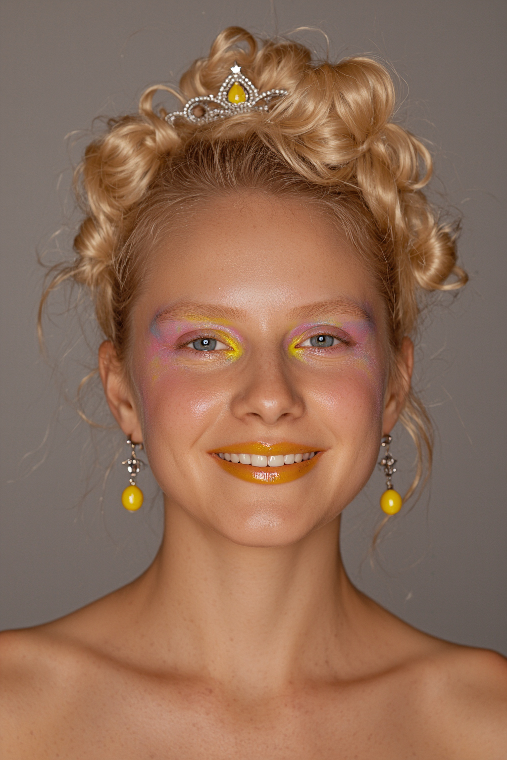 Blonde Woman With Curled Hair Wearing A Silver Tiara Yellow And Purple Makeup And