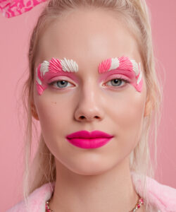 Blonde Woman With Pink And White Feather Like Face Paint Pink Lipstick And Heart
