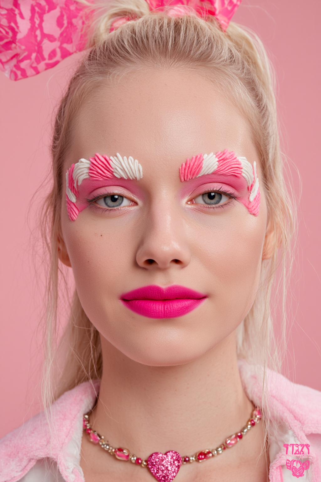 Blonde Woman With Pink And White Feather Like Face Paint Pink Lipstick And Heart