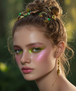 Blonde Woman With Vibrant Green Eyeshadow Pink Blush And Gold Accessories Set