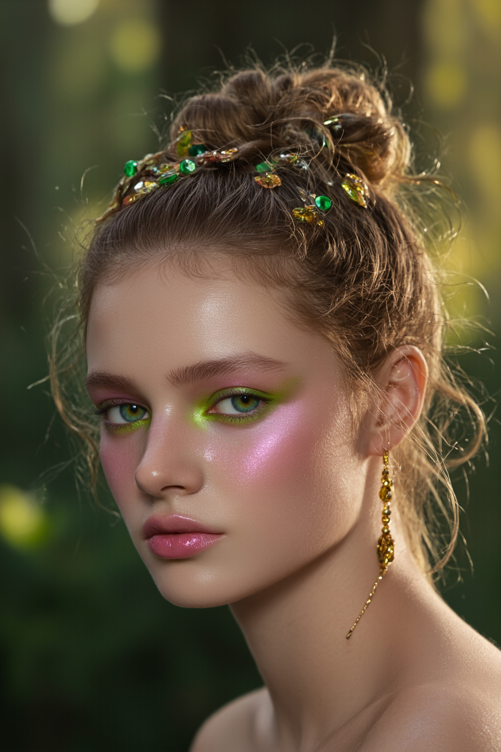 Blonde Woman With Vibrant Green Eyeshadow Pink Blush And Gold Accessories Set