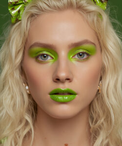 Blonde Woman With Vibrant Green Makeup Makeup Glittery Hair Bows And Pearl