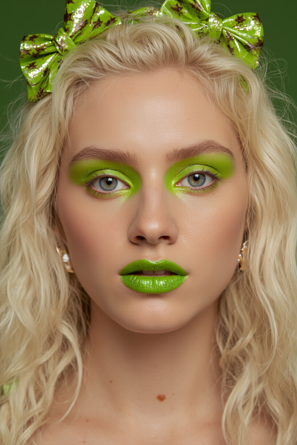Blonde Woman With Vibrant Green Makeup Makeup Glittery Hair Bows And Pearl