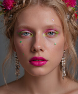 Blonde Woman With Vibrant Makeup Floral Headpiece And Dangling Earrings Set Against 1