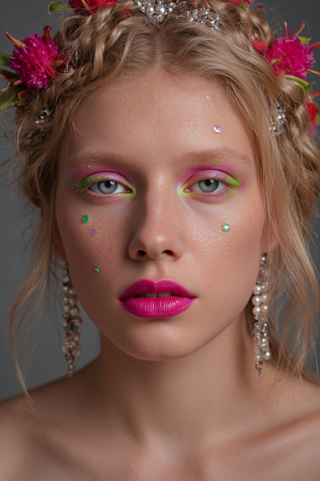 Blonde Woman With Vibrant Makeup Floral Headpiece And Dangling Earrings Set Against 1
