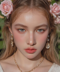 Blue Eyed Young Woman With Soft Makeup Makeup Pink Rose Crown And Gold Jewelry