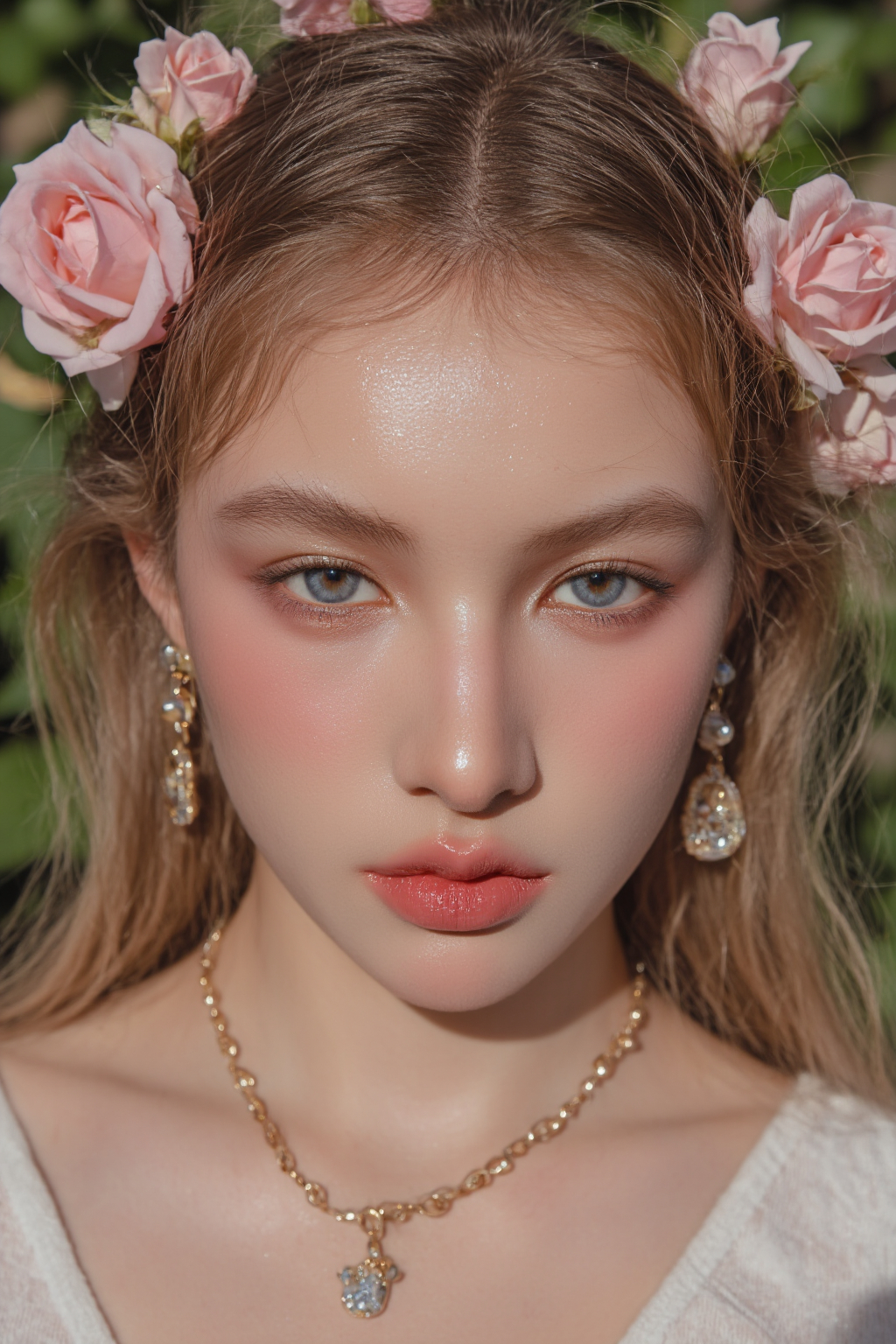 Blue Eyed Young Woman With Soft Makeup Makeup Pink Rose Crown And Gold Jewelry