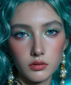 Blue Haired Woman With Vibrant Blue Green Eye Makeup Glossy Lips Pearl Earrings And