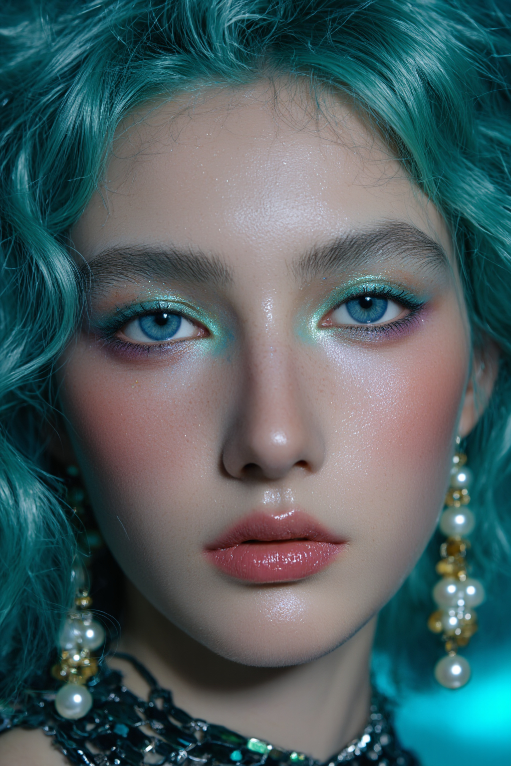 Blue Haired Woman With Vibrant Blue Green Eye Makeup Glossy Lips Pearl Earrings And