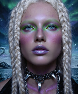 Braided Platinum Hair Vivid Neon Face Paint And A Spiked Choker Set Against A