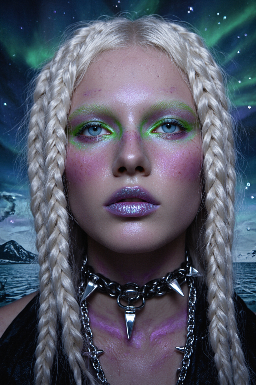 Braided Platinum Hair Vivid Neon Face Paint And A Spiked Choker Set Against A