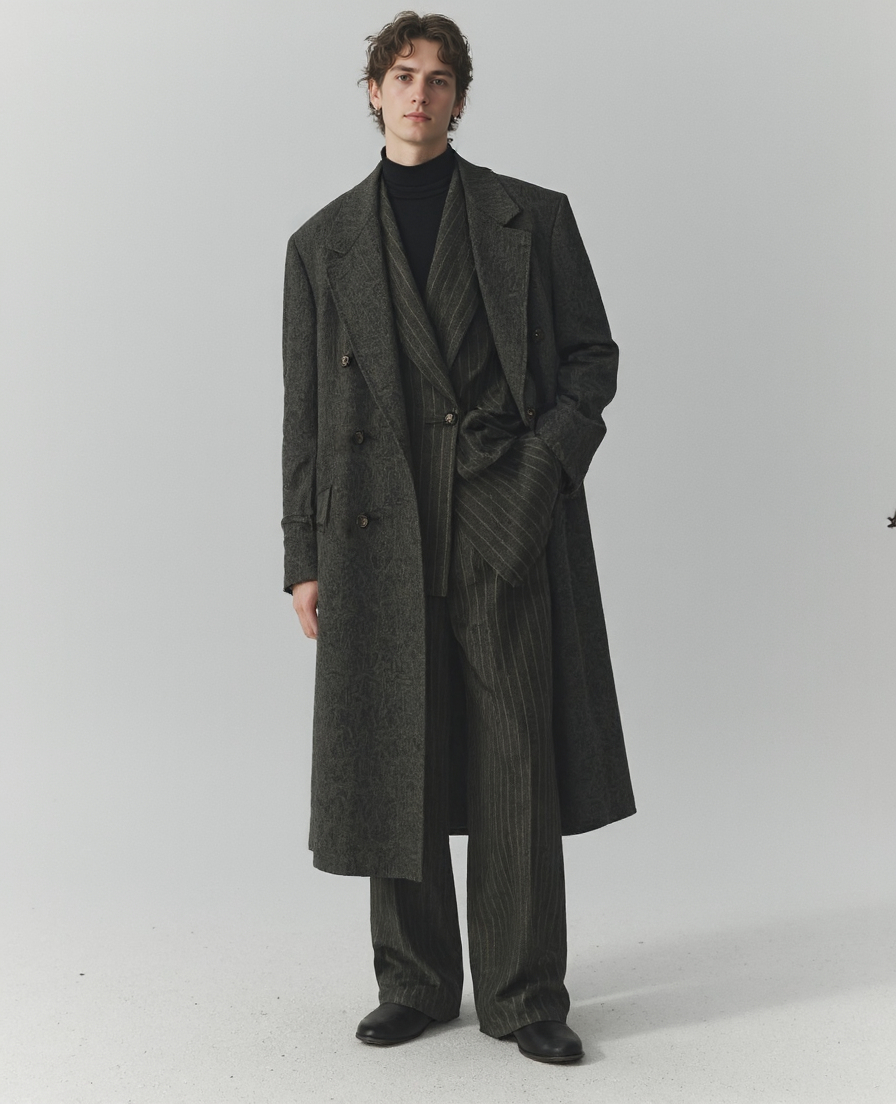 Curly Hair Wearing A Dark Pinstriped Double Breasted Overcoat And Matching Suit