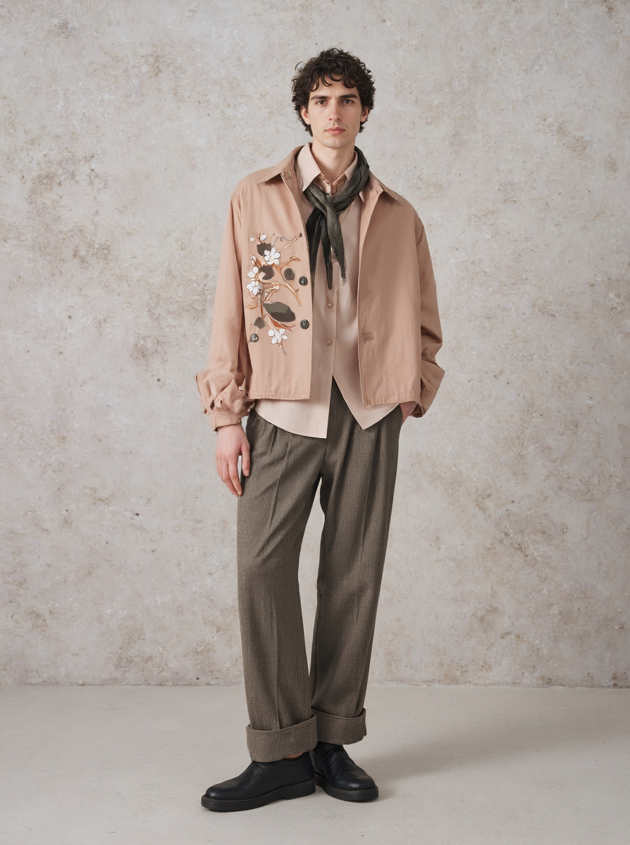 Curly Haired Man In A Beige Jacket Brown Pants Black Shoes Against A Textured