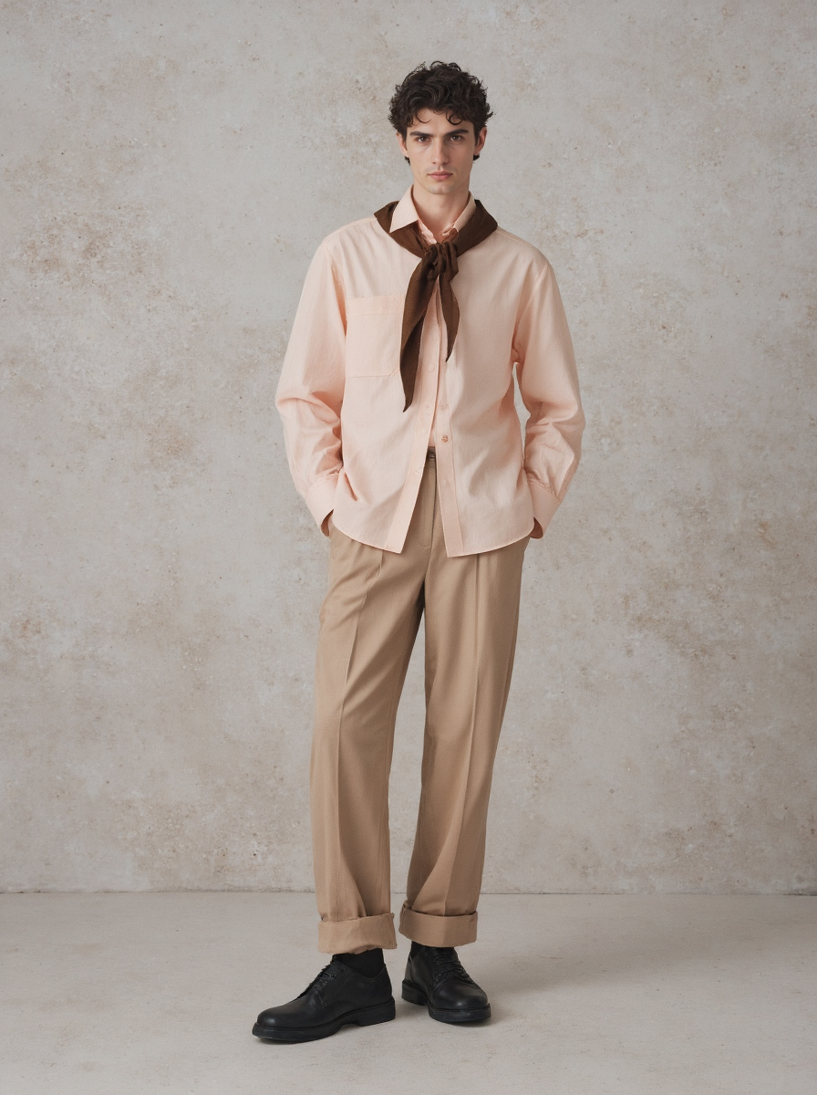 Curly Haired Man In A Peach Shirt Brown Tie Beige Trousers And Black Shoes Against A