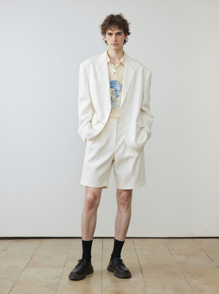 Curly Haired Man In A White Suit Suit Black Socks And Black Shoes Standing