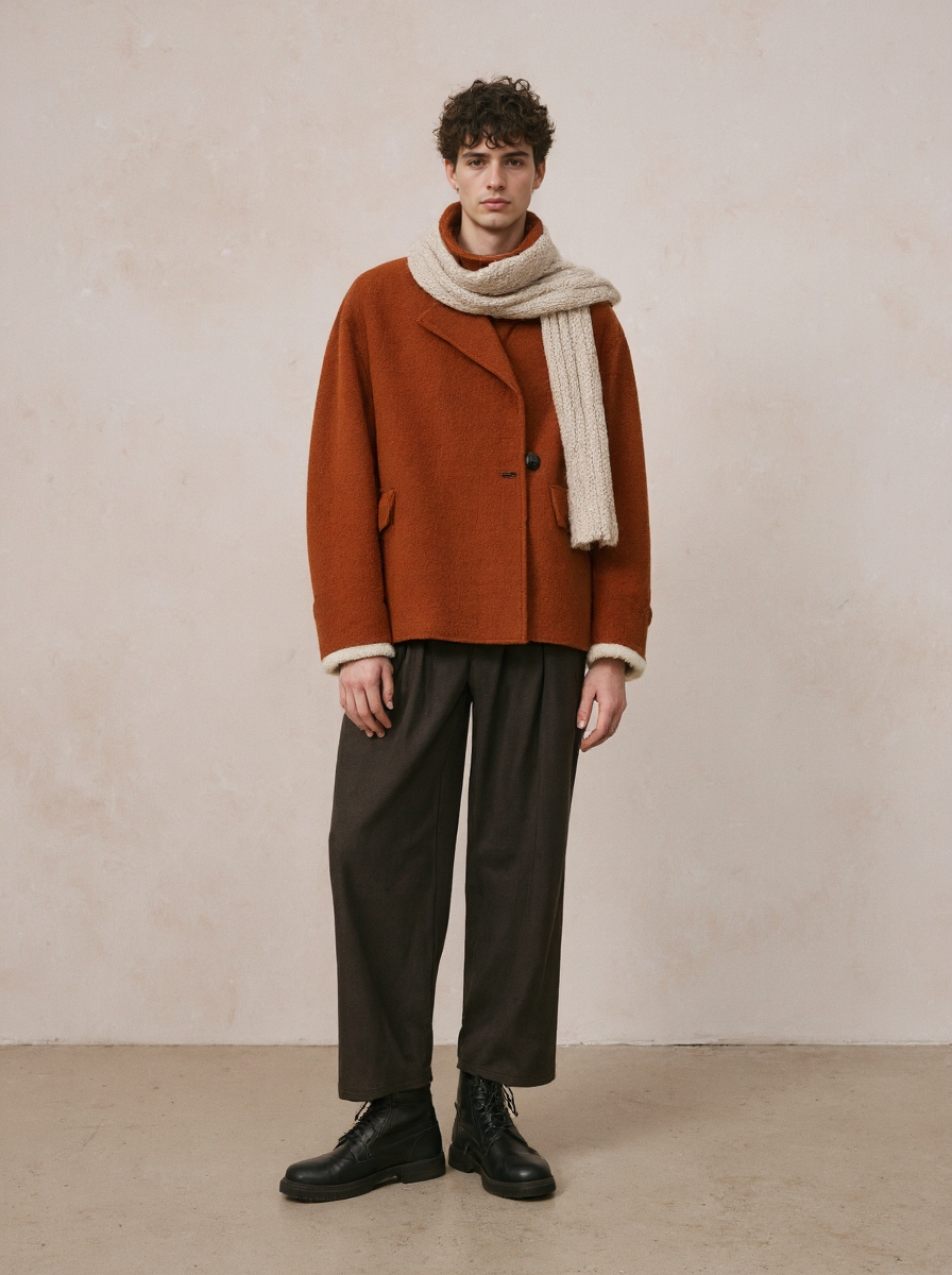 Curly Haired Man In An Oversized Rust Rust Orange Coat Beige Scarf Dark Pants