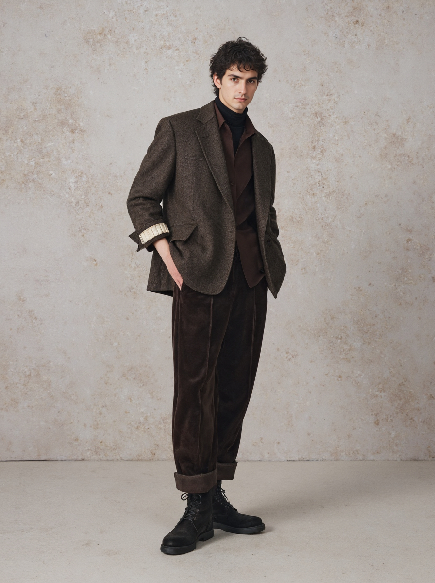 Curly Haired Young Man In A Brown Velvet Suit Black Boots Against A Textured
