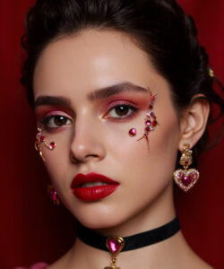 Dark Hair Wearing Red Lipstick Intricate Facial Jewelry And A Black Choker