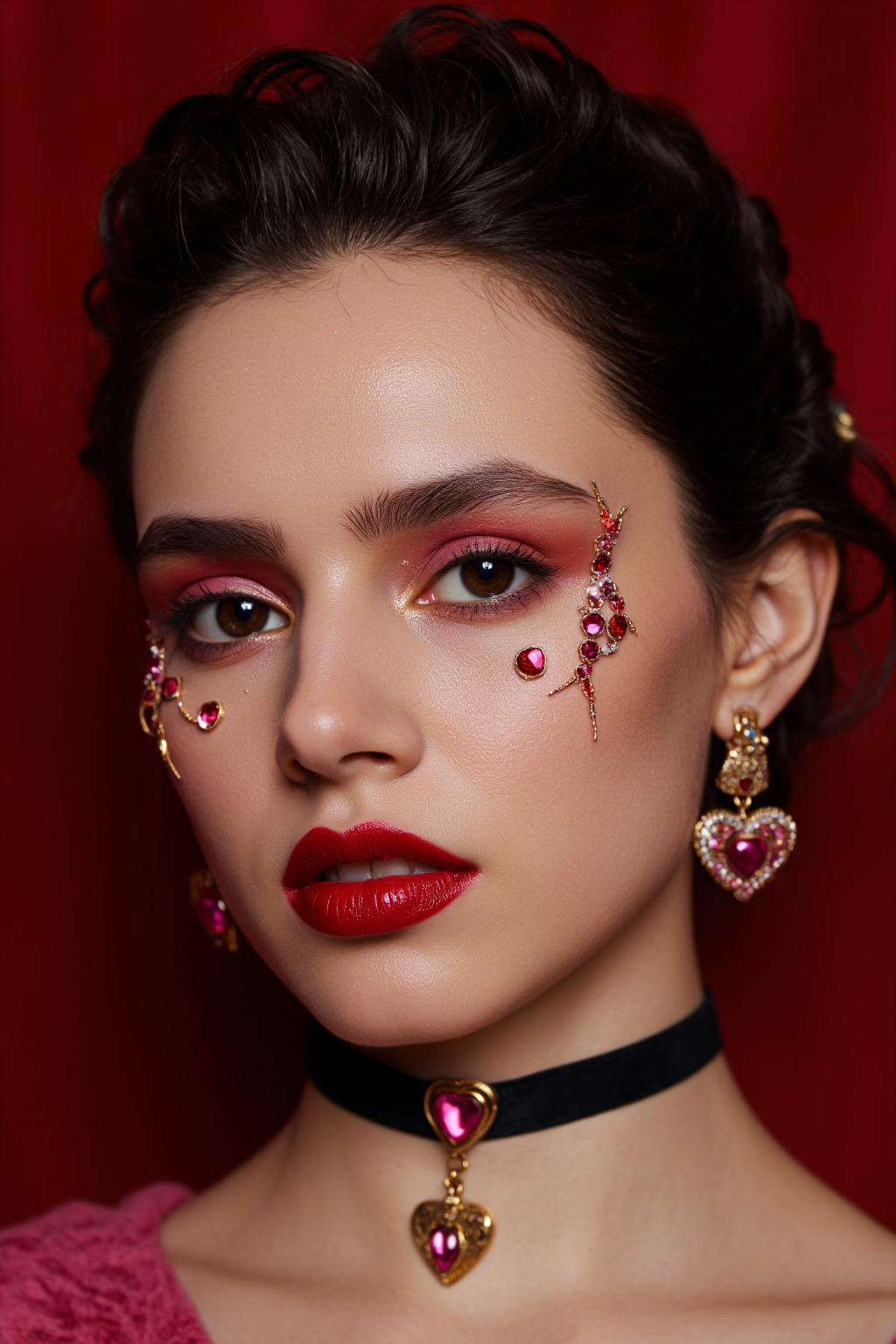 Dark Hair Wearing Red Lipstick Intricate Facial Jewelry And A Black Choker