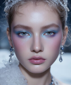 Eyed Woman With Light Makeup Intricate Silver Headpiece And Delicate Jewelry Against