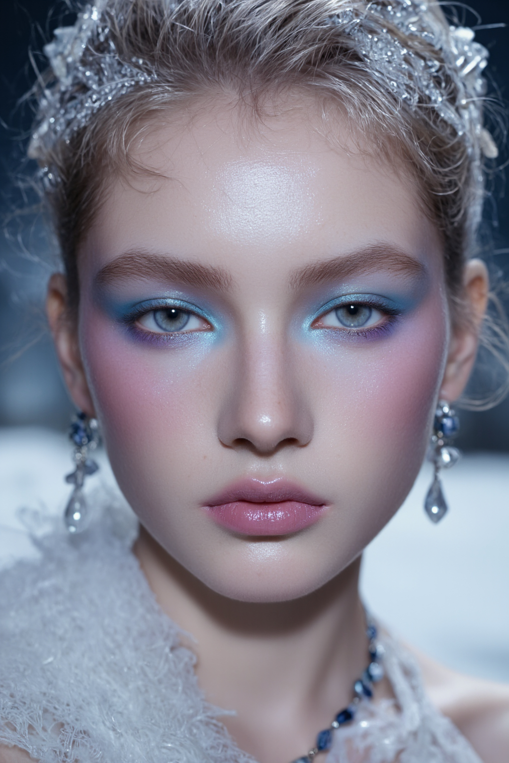 Eyed Woman With Light Makeup Intricate Silver Headpiece And Delicate Jewelry Against
