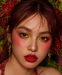 Fair Skinned Asian Woman With Vibrant Red Red And Green Eyeshadow Red Lipstick And