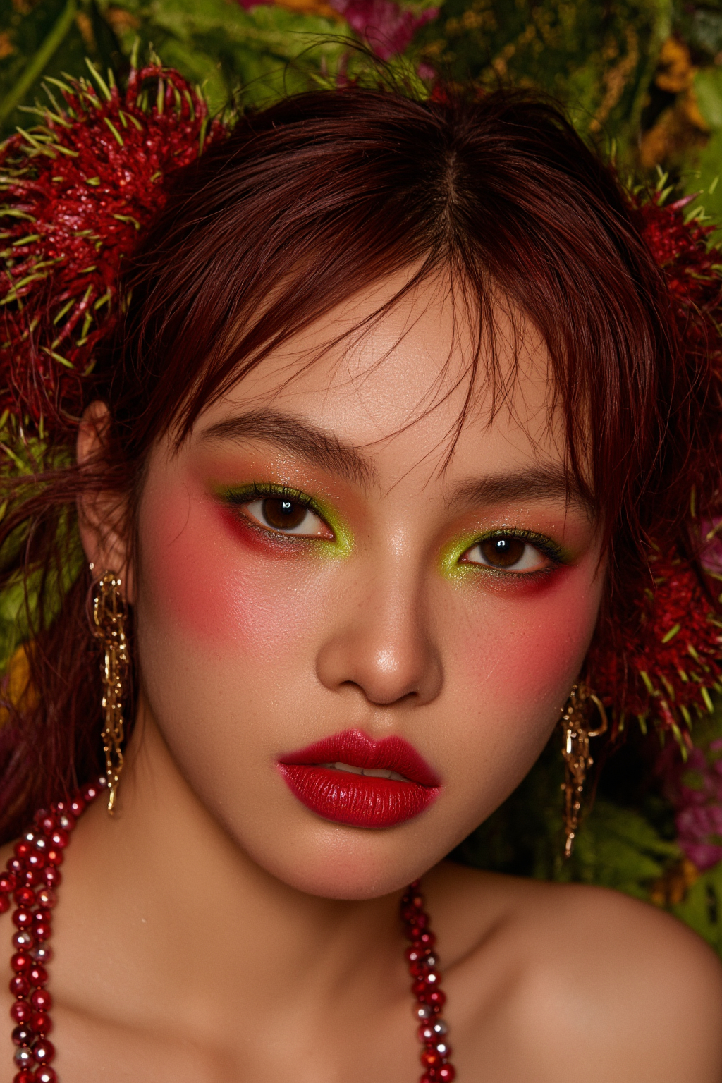 Fair Skinned Asian Woman With Vibrant Red Red And Green Eyeshadow Red Lipstick And