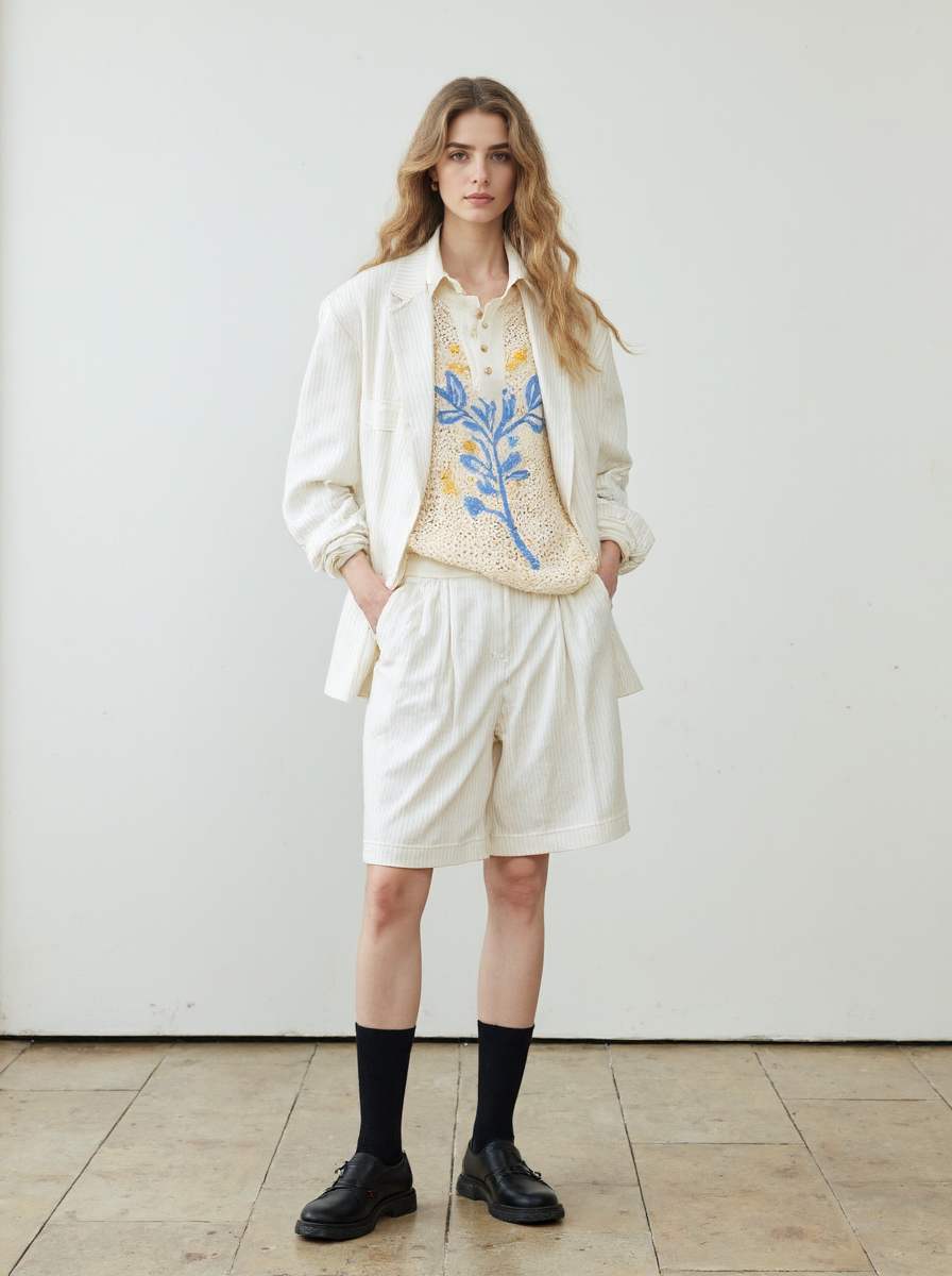 Fair Skinned Blonde Woman In White Linen Suit Floral Sweater Knee High Socks Black