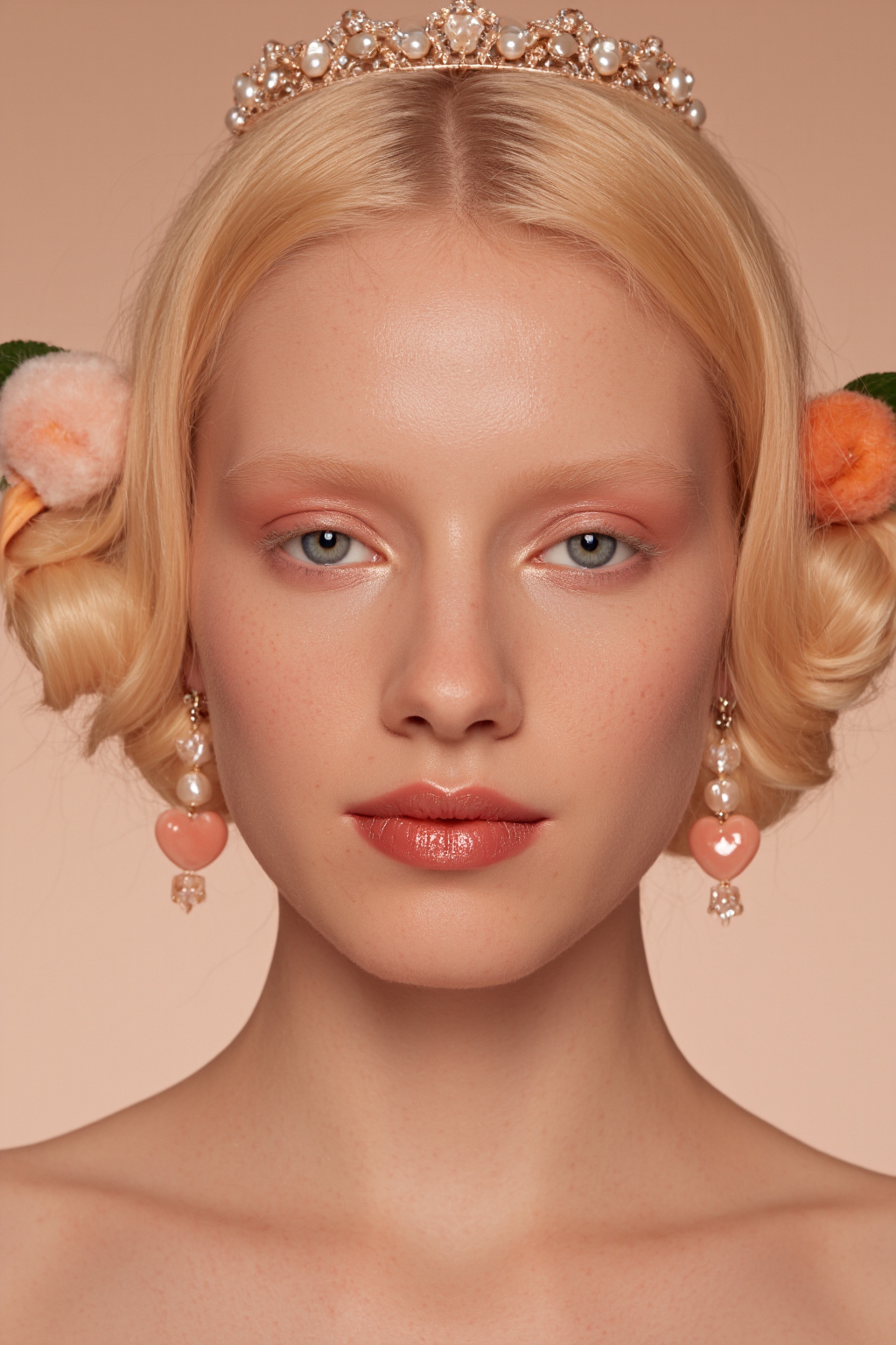 Fair Skinned Blonde Woman With Curls Wearing Wearing A Pearl Tiara Peach Earrings And 1