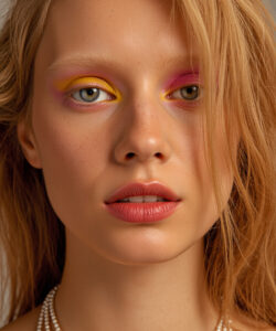 Fair Skinned Blonde Woman With Vibrant Eye Shadow Soft Pink Lips And Multiple Pearl