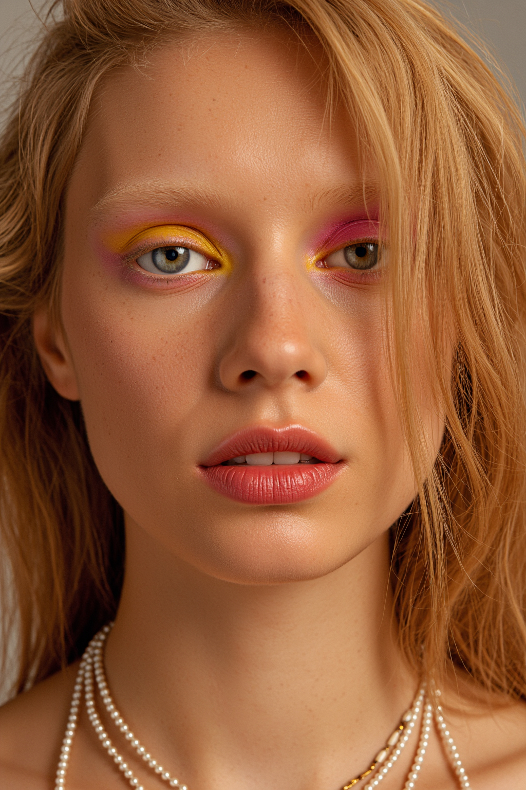 Fair Skinned Blonde Woman With Vibrant Eye Shadow Soft Pink Lips And Multiple Pearl
