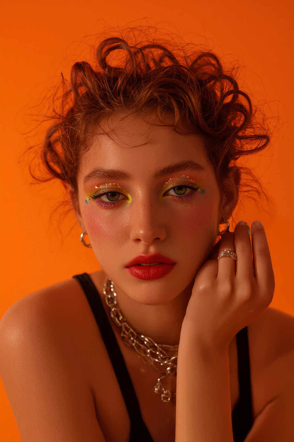 Fair Skinned Woman With Curly Red Hair Colorful Eye Makeup Red Lips And A Black Tank