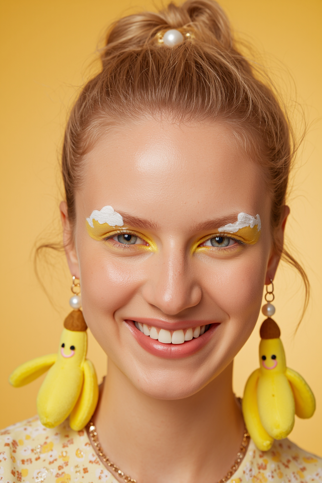 Fair Skinned Woman With Yellow Cloud Face Paint Banana Earrings Blonde Hair And A