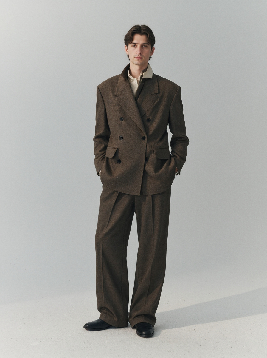 Fair Skinned Young Man With Brown Hair Wearing A Double Breasted Brown Suit And