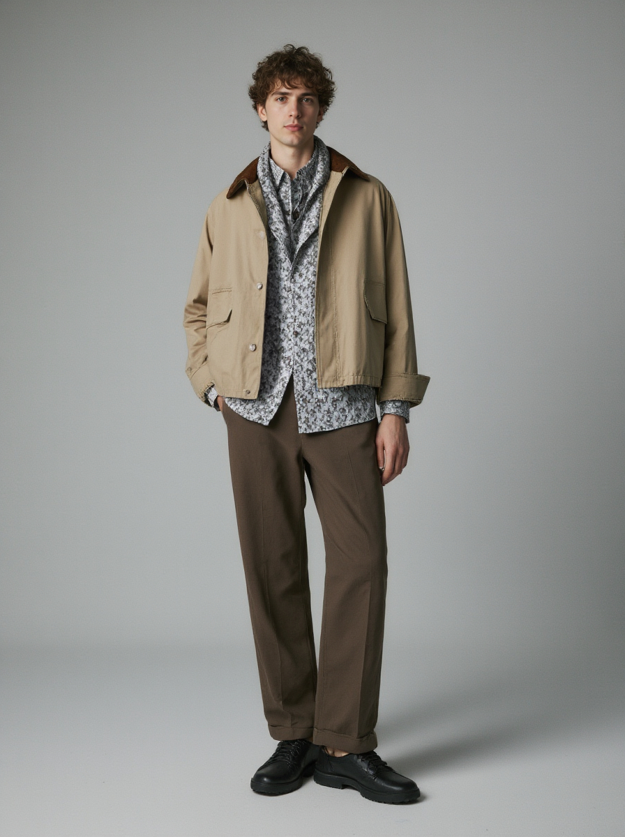 Haired Man In A Beige Jacket Patterned Patterned Shirt Brown Pants And Black Shoes