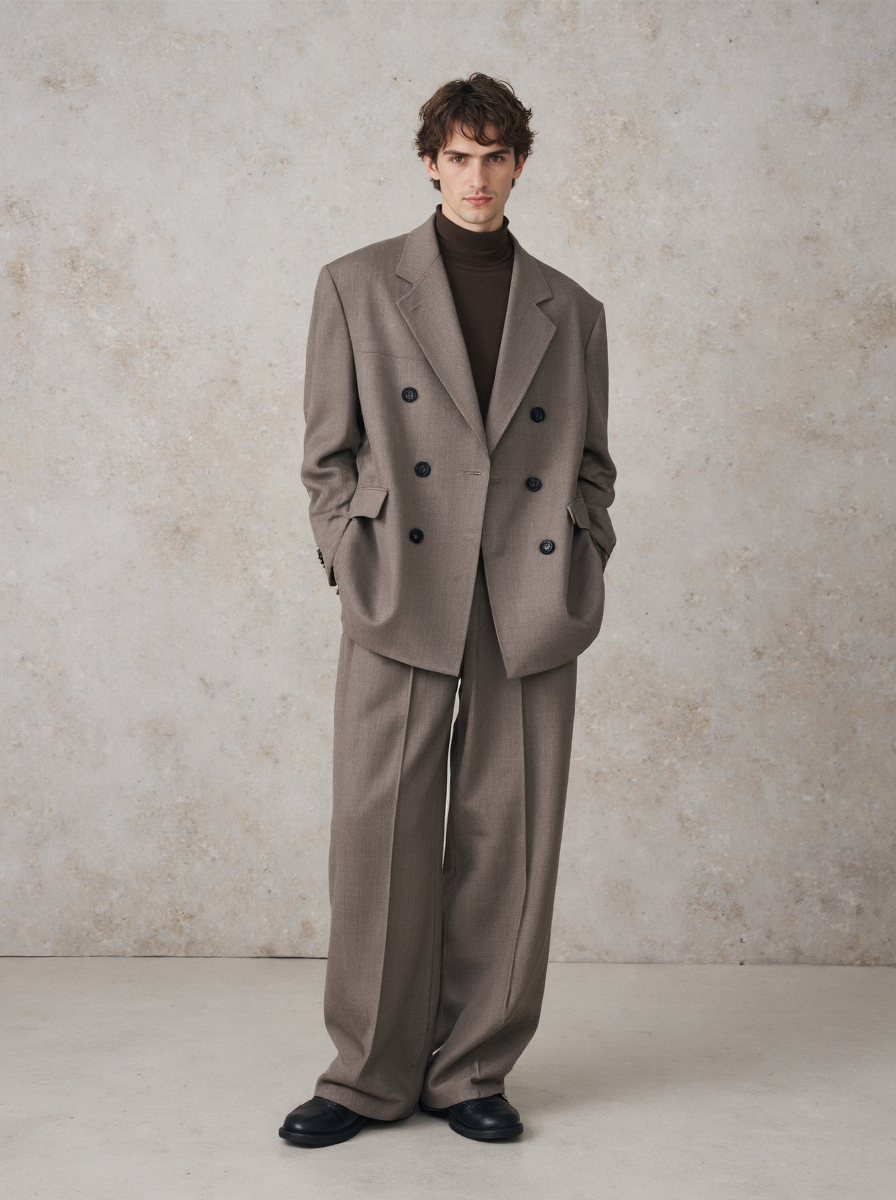 Haired Man In A Grey Double Breasted Suit Black Turtleneck And Black Shoes Against