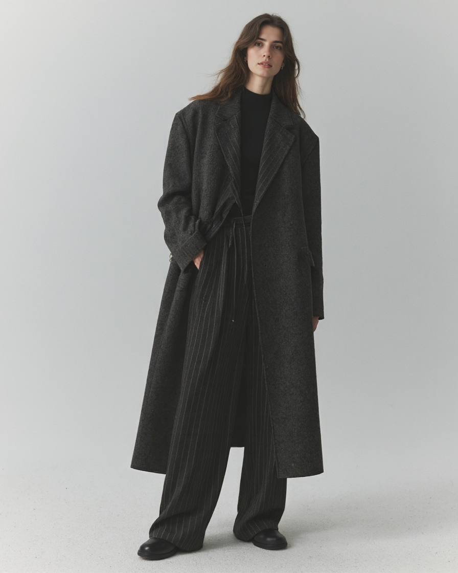 Haired Woman In A Dark Oversized Oversized Coat And Matching Pinstripe Pants