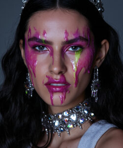 Haired Woman With Vibrant Pink And Green Green Face Paint Wearing A Silver Tiara 1