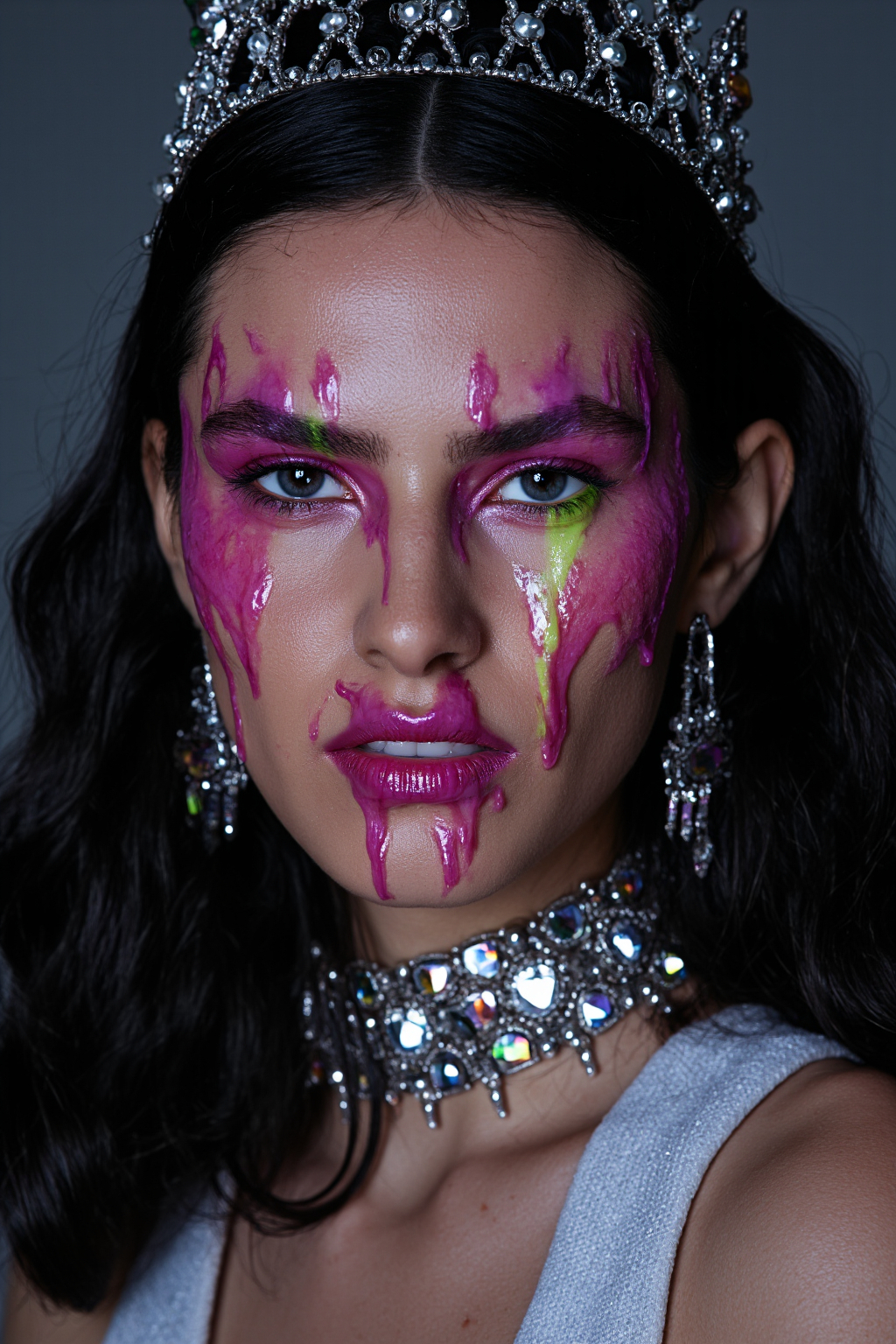Haired Woman With Vibrant Pink And Green Green Face Paint Wearing A Silver Tiara 1