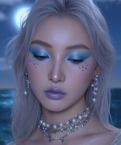 Image Of A Fair Skinned Woman With Silver Hair Blue And Purple Eye Makeup And Pearl